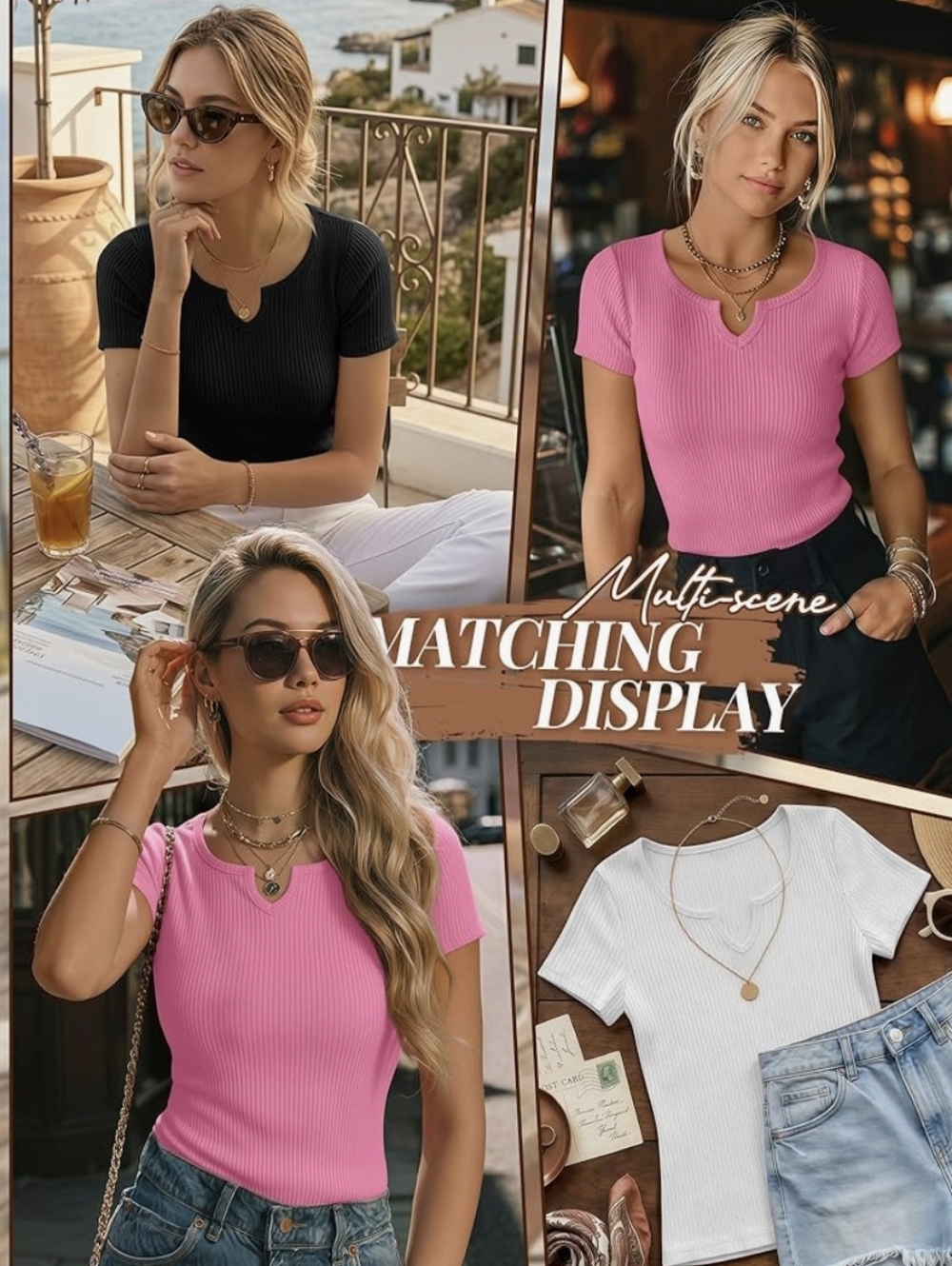 3pk. Ribbed V-Notch Short Sleeve Tops - Picture 2 of 5